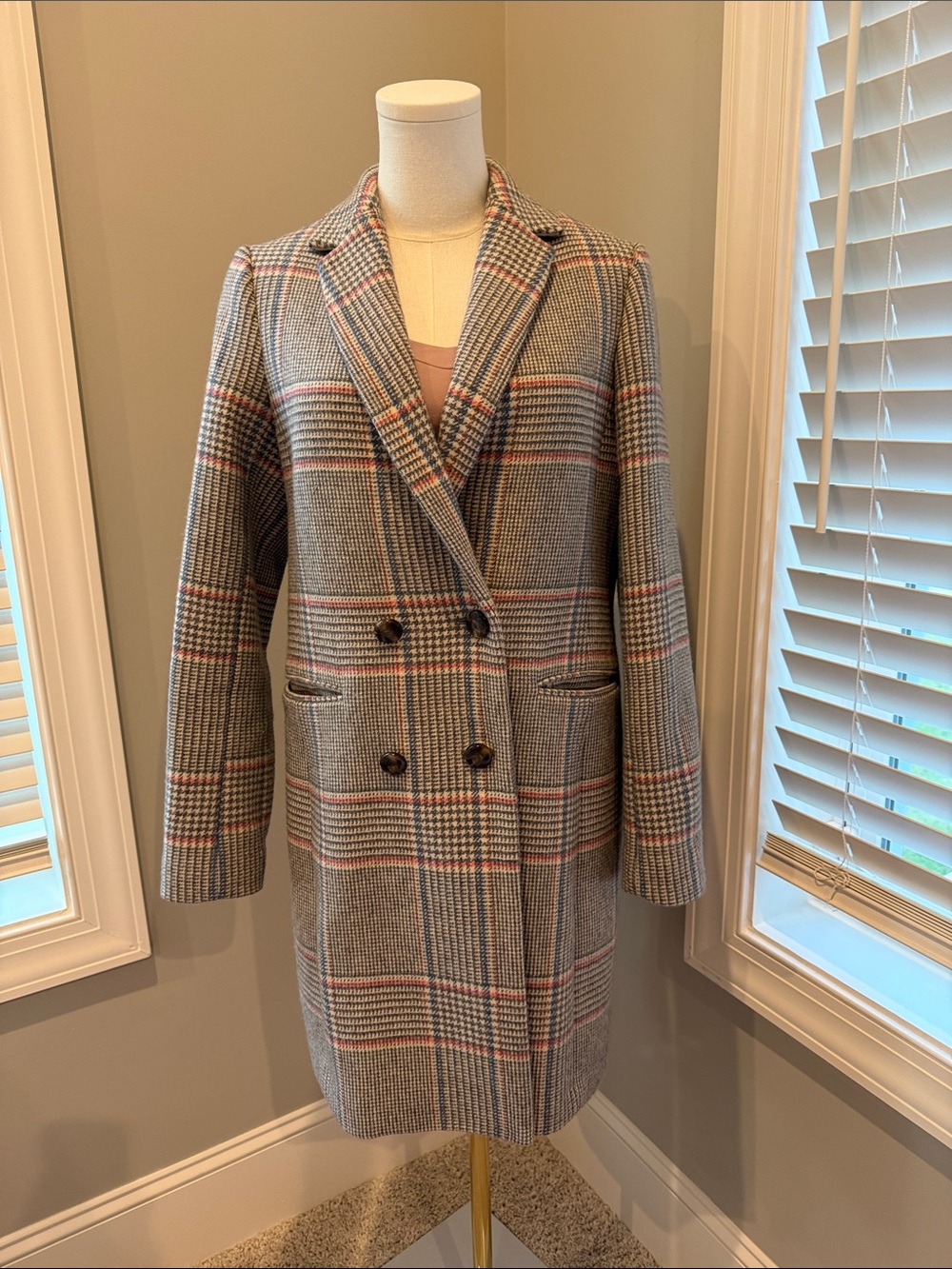 Sezane Women’s Double-Breasted Plaid Coat - Gray with Pink Accents